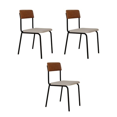 Conjunto 3 Cadeiras Estofadas Fixa Empilhável Fit Branco/Palha Corriente/Caramelo/Preto Fosco Mt