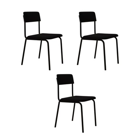 Conjunto 3 Cadeiras Estofadas Fixa Empilhável Fit Preto/Fosco Mt