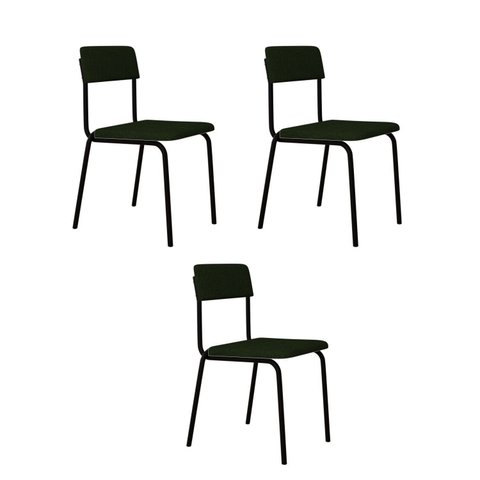 Conjunto 3 Cadeiras Estofadas Fixa Empilhável Fit Verde/Musgo City/Preto Fosco