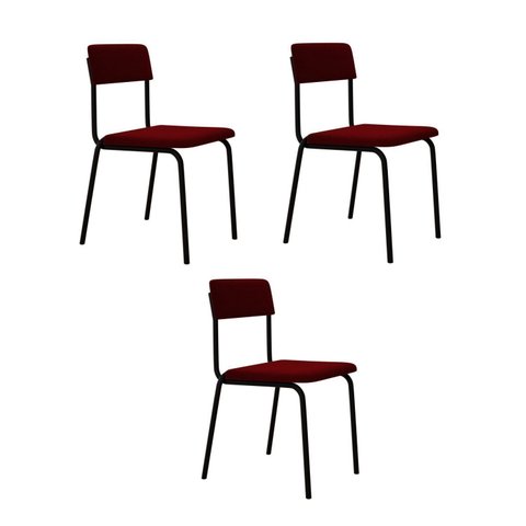 Conjunto 3 Cadeiras Estofadas Fixa Empilhável Fit Vermelho/Vinho City/Preto Fosco