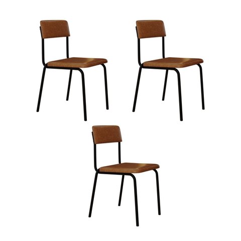 Conjunto 3 Cadeiras Estofadas Fixa Empilhável Fit Marrom/Caramelo/Preto Fosco