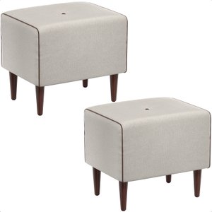 Kit 2 Puff Retangular Decorativo Eloah Linho Gelo Pés Palito Castanho - Arkell