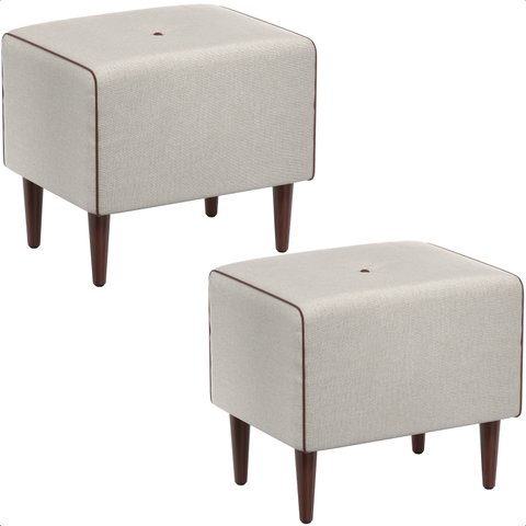 Kit 2 Puff Retangular Decorativo Eloah Linho Gelo Pés Palito Castanho - Arkell