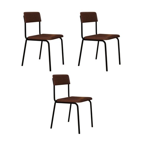 Conjunto 3 Cadeiras Estofadas Fixa Empilhável Fit Marrom/Whisky/Preto Fosco
