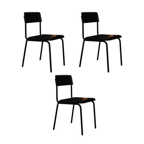 Conjunto 3 Cadeiras Estofadas Fixa Empilhável Fit Preto/Fosco