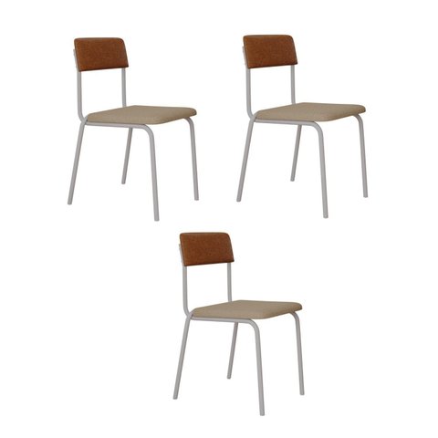 Conjunto 3 Cadeiras Estofadas Fixa Empilhável Fit Bege/Areia Corriente/Caramelo/Branco Fosco