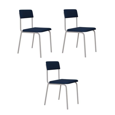Conjunto 3 Cadeiras Estofadas Fixa Empilhável Fit Azul/Branco Fosco