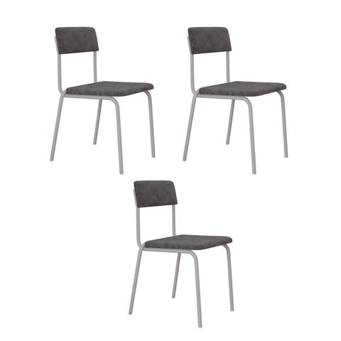 Conjunto 3 Cadeiras Estofadas Fixa Empilhável Fit Cinza/Névoa Prata/Branco Fosco