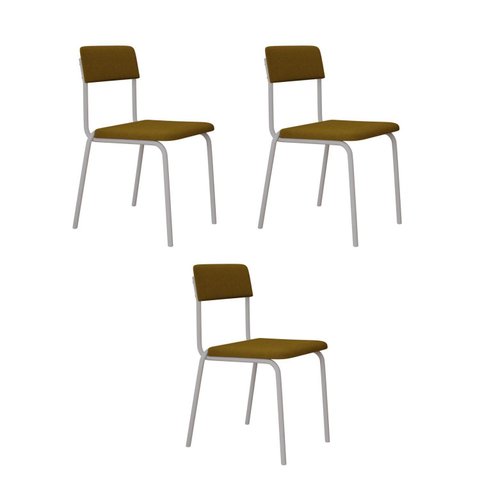 Conjunto 3 Cadeiras Estofadas Fixa Empilhável Fit Amarelo/Mostarda/Branco Fosco