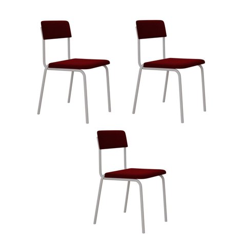 Conjunto 3 Cadeiras Estofadas Fixa Empilhável Fit Vermelho/Vinho/Branco Fosco