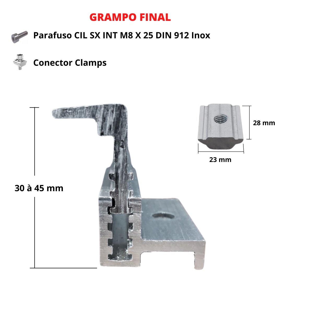 Fixador Grampo Final End Clamp Regulável Linha C Placa Painel Solar Alumínio e Inox | Perfil Master - 2