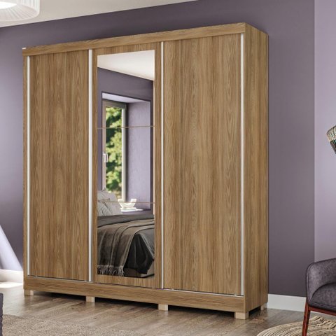 Guarda-roupa Casal Kappesberg 3 Portas Reversiveis de Correr 3 Espelhos 2 Prateleiras Nogueira