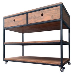 Aparador Buffet de Madeira e Ferro com 2 Gavetas e 2 Prateleiras Decoração Industrial Preto e Imbuia