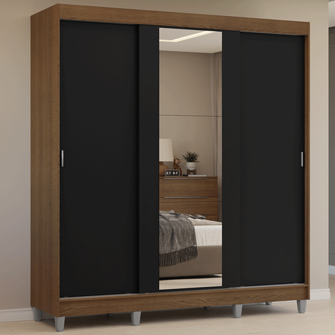 Guarda-Roupa Casal com Pés 3 Portas de Correr com Espelho Reno Madesa