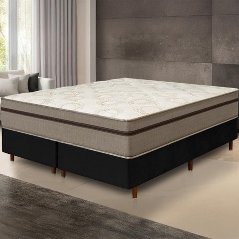 Cama Box Preta + Colchão Queen Size Bariloche Tabaco Molas Ensacadas One Face 158x198x63cm