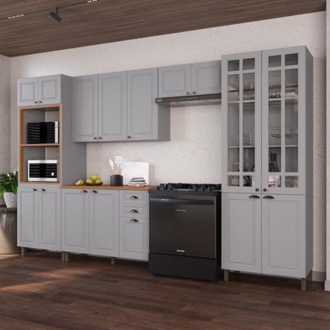 Armário de Cozinha Modulada Completa Fidelitá Nara 100% MDF 5 Peças 350cm 16 Portas 2 Gavetas com