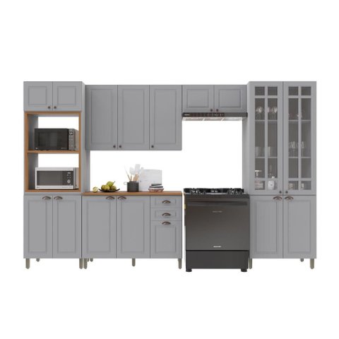 Armário de Cozinha Modulada Completa Fidelitá Nara 100% MDF 5 Peças 350cm 16 Portas 2 Gavetas com