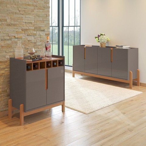 Buffet 1,70 + Barzinho Lizz Pés de Madeira Maciça Cinza/Perola/Cedro