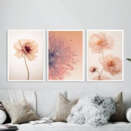 Kit 3 Quadros Fotos Modernas Flores Tons Pêssego 33x24cm - com Vidro:moldura Branca - 2