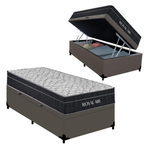 Cama Box com Baú Solteiro 88cm Royal Air Sintético Molas Ensacadas Cinza Royal