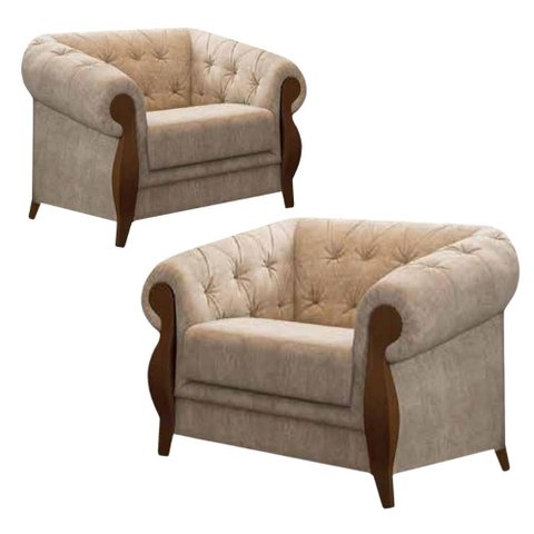 Kit 2 Poltronas Capitonê com Detalhe em Madeira Nobre Linho Bege Adhara - Harmonica Móveis