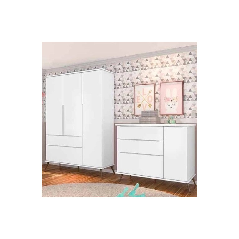 Quarto Mel com Guarda-roupa 3 Portas e Cômoda 1 Porta Branco - Phoenix Baby