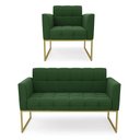 Ver imagem 1 de Kit 1 Sofá Namoradeira e 1 Poltrona Elisa Suede Base Metálica Industrial Dourada - D'Rossi Verde