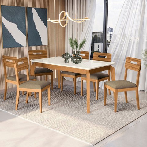 Conjunto Mesa Petra com 6 Cadeiras Madeira Maciça Bege/Fendi