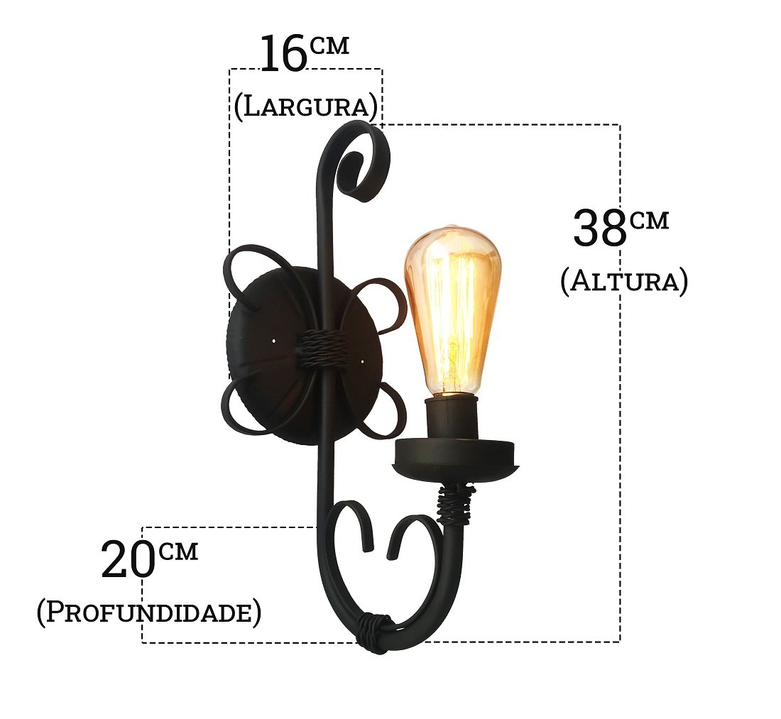 Arandela Negra De Ferro Rustica 01 Lampada De Parede Libertas Rosas Artesanato Arandela Rococo Maior - 2