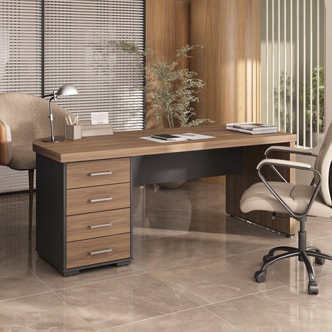 Mesa Executiva Premium para Escritório Elegante e Funcional 180cm Marrom/Nogal/Preto Artany