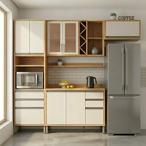 Armário de Cozinha Compacta Modulada 4 Peças 8 Portas com Vidro e Tampo 100% MDF Barbados Espresso Móveis Bege/Amêndoa/Off White
