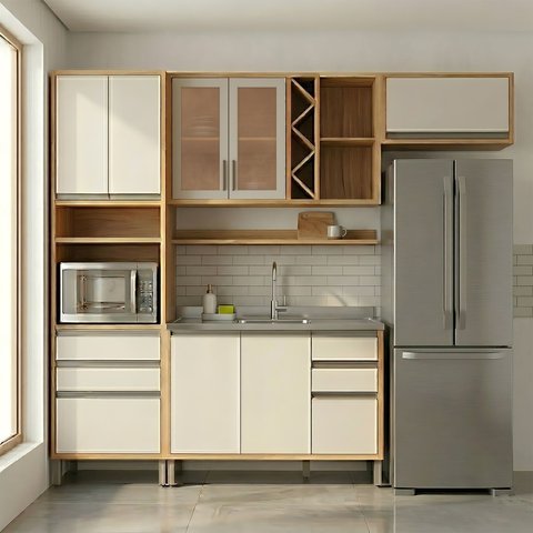 Armário de Cozinha Compacta Modulada 4 Peças 8 Portas com Vidro e sem Tampo 100% MDF Barbados Espresso Móveis Bege/Amêndoa/Off White