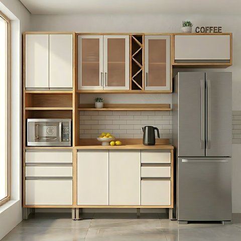 Armário de Cozinha Compacta Modulada 4 Peças 9 Portas com Vidro e Tampo 100% MDF Barbados Espresso Móveis Bege/Amêndoa/Off White