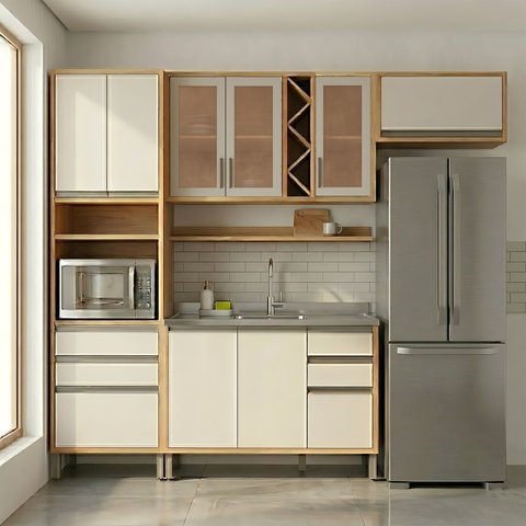 Armário de Cozinha Compacta Modulada 4 Peças 9 Portas com Vidro e sem Tampo 100% MDF Barbados Espresso Móveis Bege/Amêndoa/Off White
