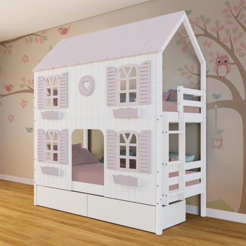 Beliche Casinha Bela com Coração 2 Gavetas 4 Janelas Venezianas - Madeira Maciça Branco/Rosa |