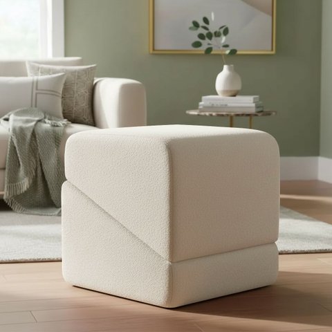 Puff Sense Bouclé Premium Assento Extra Decorativo para Sala Quarto Design Moderno Bege