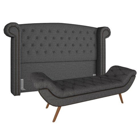 Kit Cabeceira Estofada Box Casal Valencia e Recamier Veneza 140 Cm Sl-74 - Linho Cinza