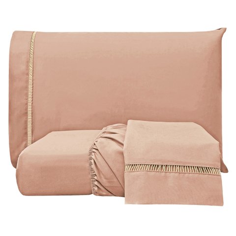 Jogo Cama Lençol Bold Queen Percal 400 Fios Acetinado C/ Ponto Palito 3 Peças - Rosê