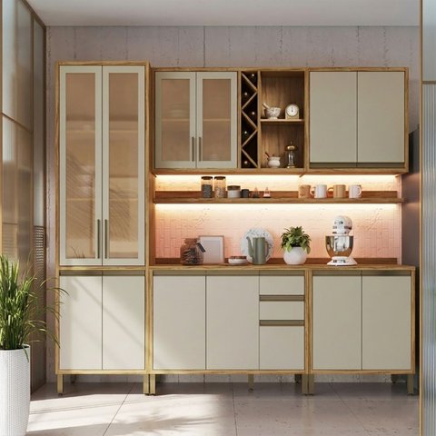 Armário de Cozinha Completa Modulada 5 Peças 12 Portas com Vidro e Tampo 100% MDF Barbados Espresso Móveis Bege/Amêndoa/Off White