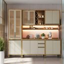 Ver imagem 1 de Armário de Cozinha Completa Modulada 5 Peças 12 Portas com Vidro e Tampo 100% MDF Barbados Espresso Móveis Bege/Amêndoa/Off White