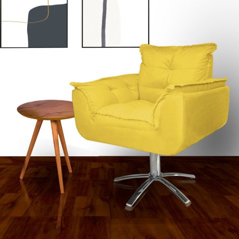 Poltrona Decorativa Hall de Entrada Base Giratória de Metal Opala Suede Amarelo - LM DECOR