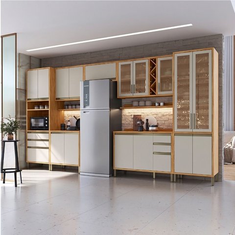 Armário de Cozinha Completa Modulada 7 Peças 17 Portas com Vidro e Tampo 100% MDF Barbados Espresso Móveis Bege/Amêndoa/Off White