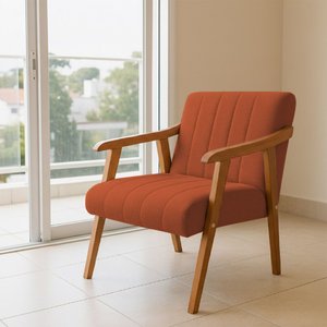 Poltrona Decorativa com Braço em Madeira Maciça Livia Linho Terracota
