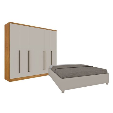 Quarto de Casal Guarda-Roupa 6 Portas Portugal e Cama Box Casal Monaco Espresso Móveis Bege/Cinamomo/Off White
