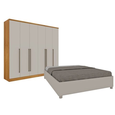Quarto de Casal Guarda-Roupa 6 Portas Portugal e Cama Box Casal Queen Monaco Espresso Móveis Bege/Cinamomo/Off White