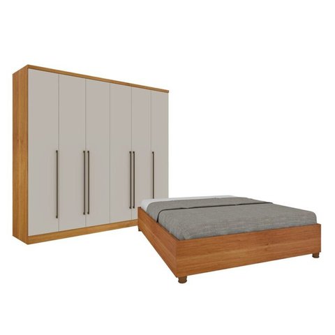 Quarto de Casal Guarda-Roupa 6 Portas Portugal e Cama Box Casal Queen Monaco Espresso Móveis Bege/Cinamomo/Off White