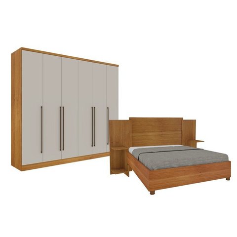 Quarto de Casal Guarda-Roupa 6 Portas Portugal e Cama Box Casal Monaco com Painel Espresso Móveis Bege/Cinamomo/Off White