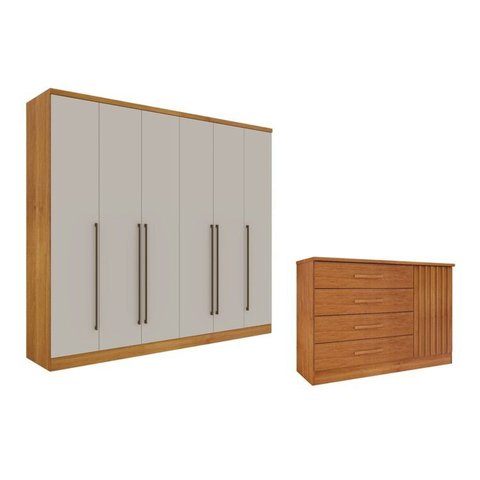 Guarda-Roupa 6 Portas Portugal e Cômoda 4 Gavetas Ripado Espresso Móveis Bege/Cinamomo/Off White