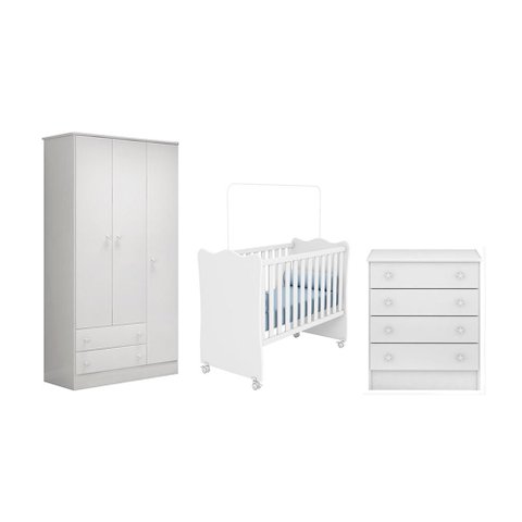 Quarto Infantil Guarda Roupa 3 Portas, Berço e Cômoda 4 Gavetas Doce Sonho Branco - Qmovi