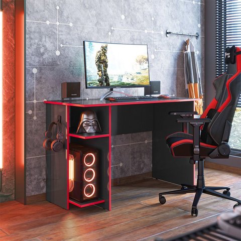 Mesa para Computador Gamer Escritório Mdp Qmovi: Preto com Vermelho